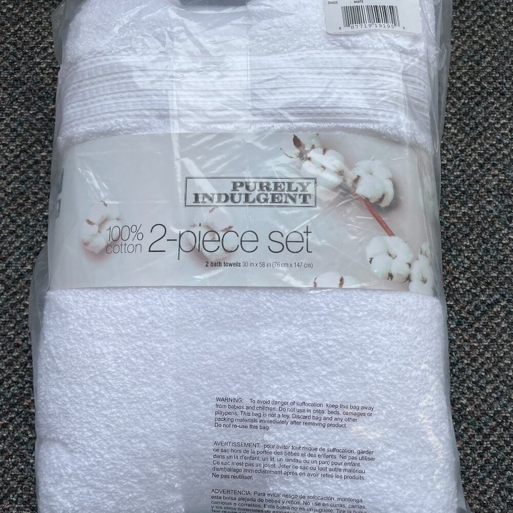 Purely Indulgent Oeko-Tex Bath Towel, White, Set of 2, NWT